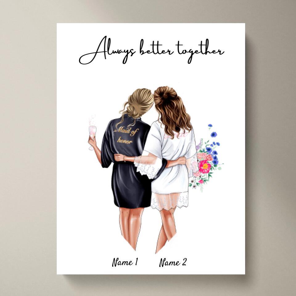 Sposa & damigella d'onore in abiti di raso - Poster Personalizzato per il fidanzamento/matrimonio