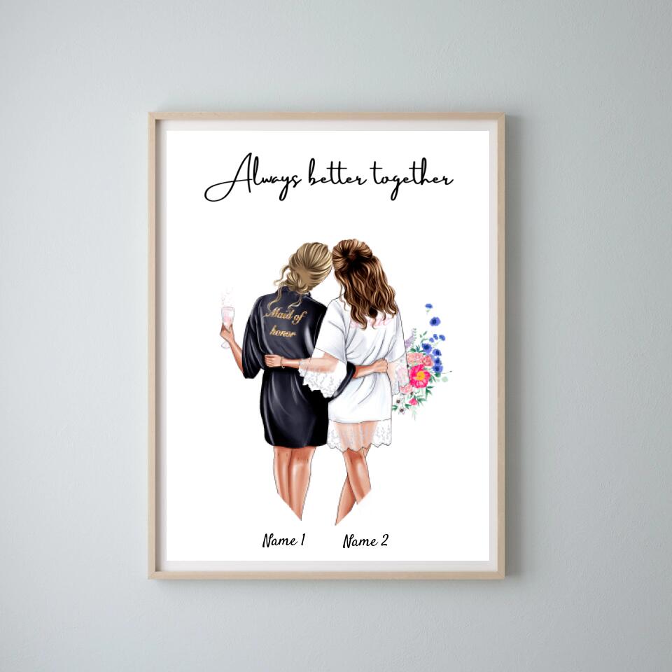 Sposa & damigella d'onore in abiti di raso - Poster Personalizzato per il fidanzamento/matrimonio