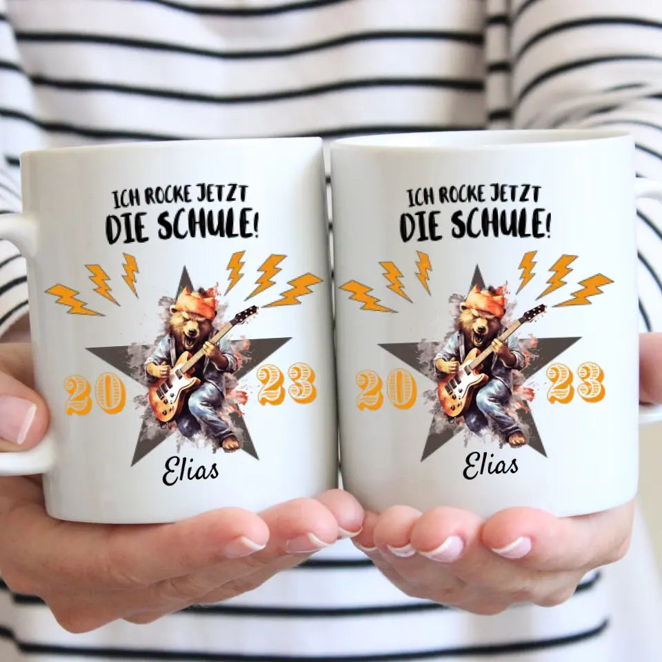 Ich rocke jetzt die Schule! - Personalisierte Tasse für Kinder zur Einschulung (verschiedene Tiermotive)