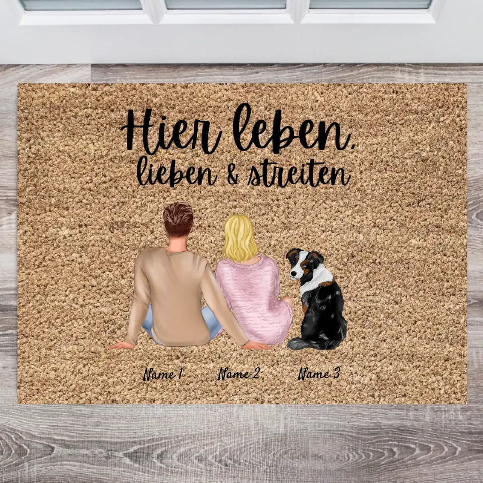 Pärchen mit Haustier - Personalisierte Familien Fußmatte (Paar mit Hund oder Katze)