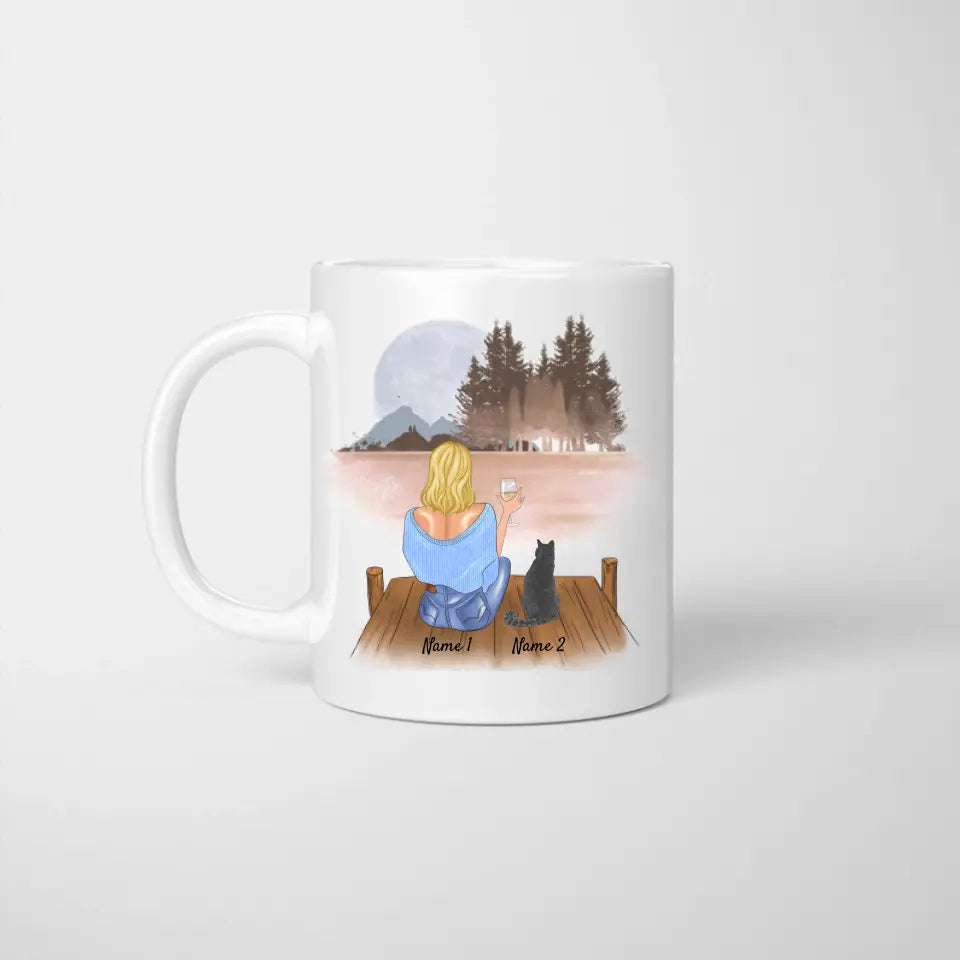 Donna con gatto & bevanda - Tazza Personalizzata (1-2 gatti)