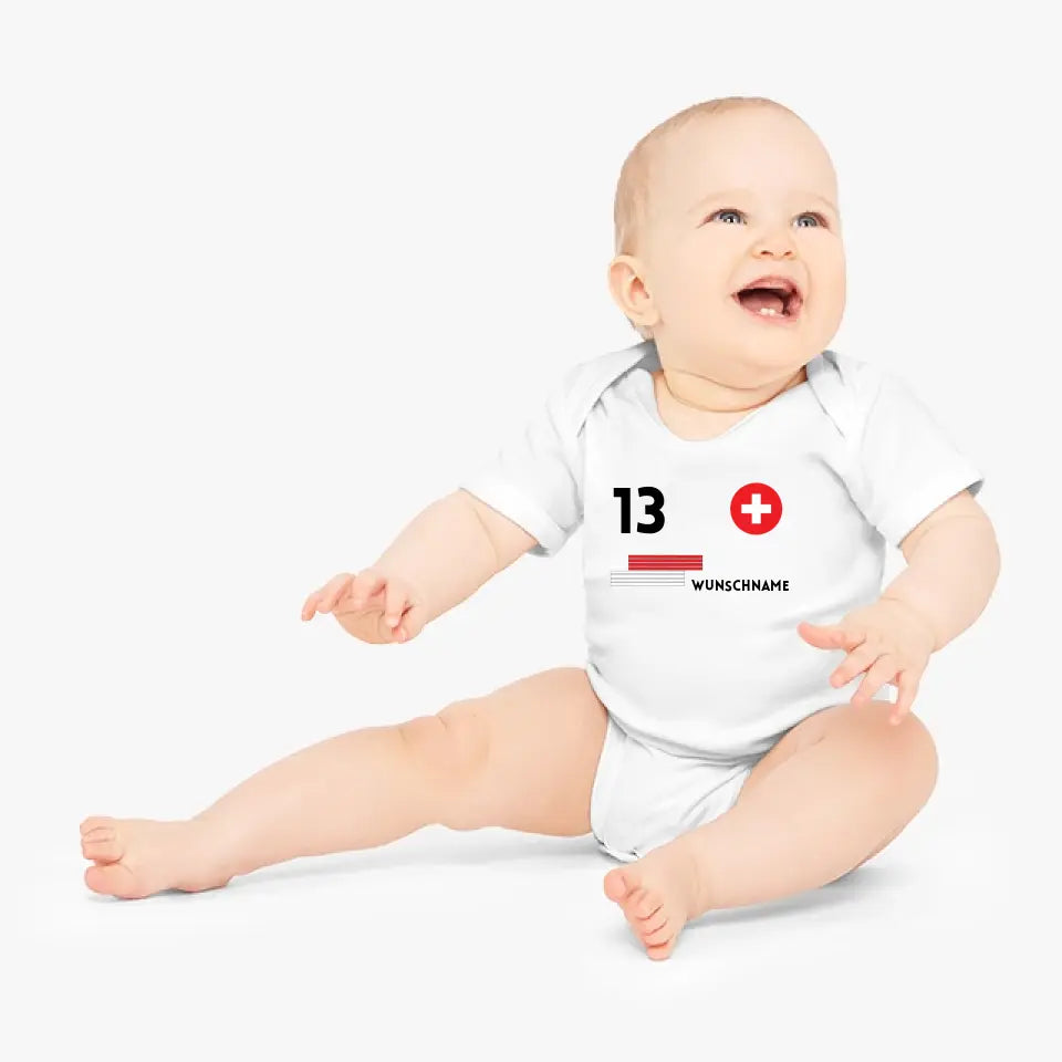 Fussball Schweiz - Personalisierter Baby-Onesie/ Strampler, Trikot mit anpassbarem Namen und Trikotnummer, 100% Bio-Baumwolle Baby Body