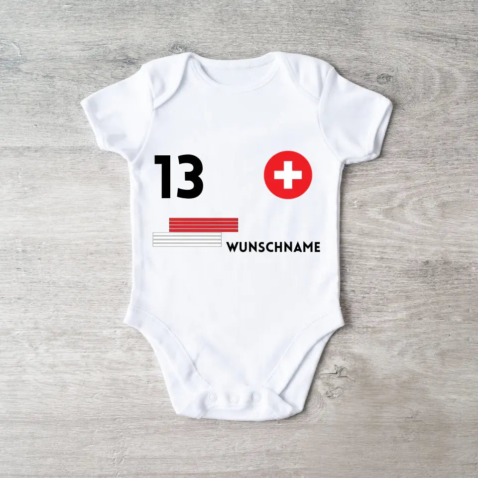 Fussball Schweiz - Personalisierter Baby-Onesie/ Strampler, Trikot mit anpassbarem Namen und Trikotnummer, 100% Bio-Baumwolle Baby Body