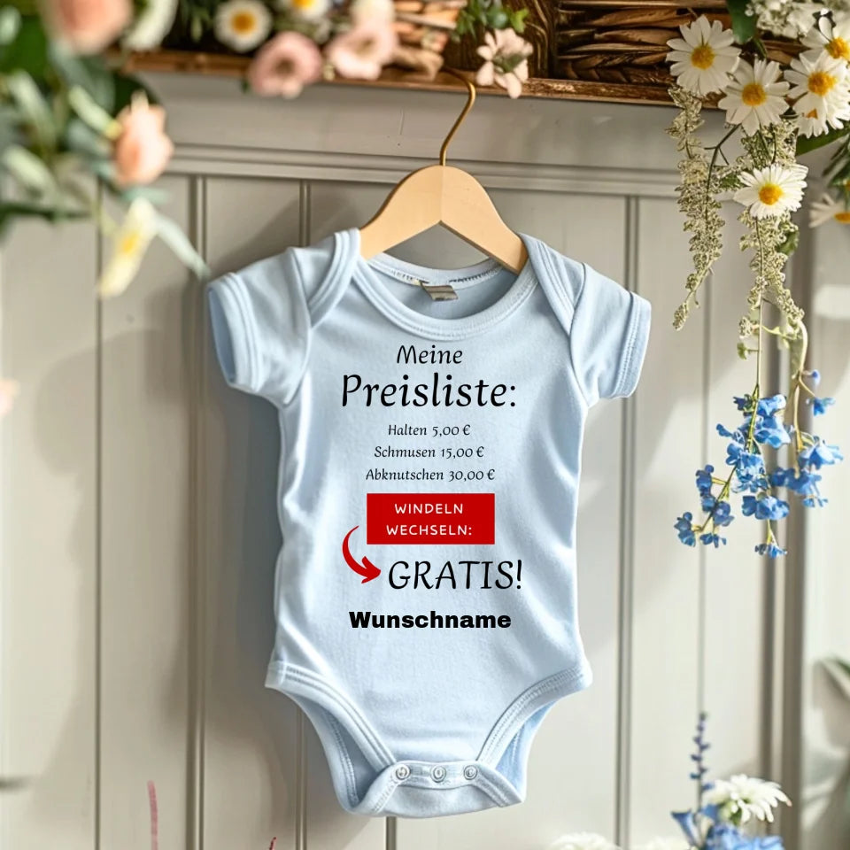 Baby Preisliste, Windeln wechseln gratis - Personalisierter Baby-Onesie/ Strampler, witziges Weihnachtsgeschenk, 100% Bio-Baumwolle