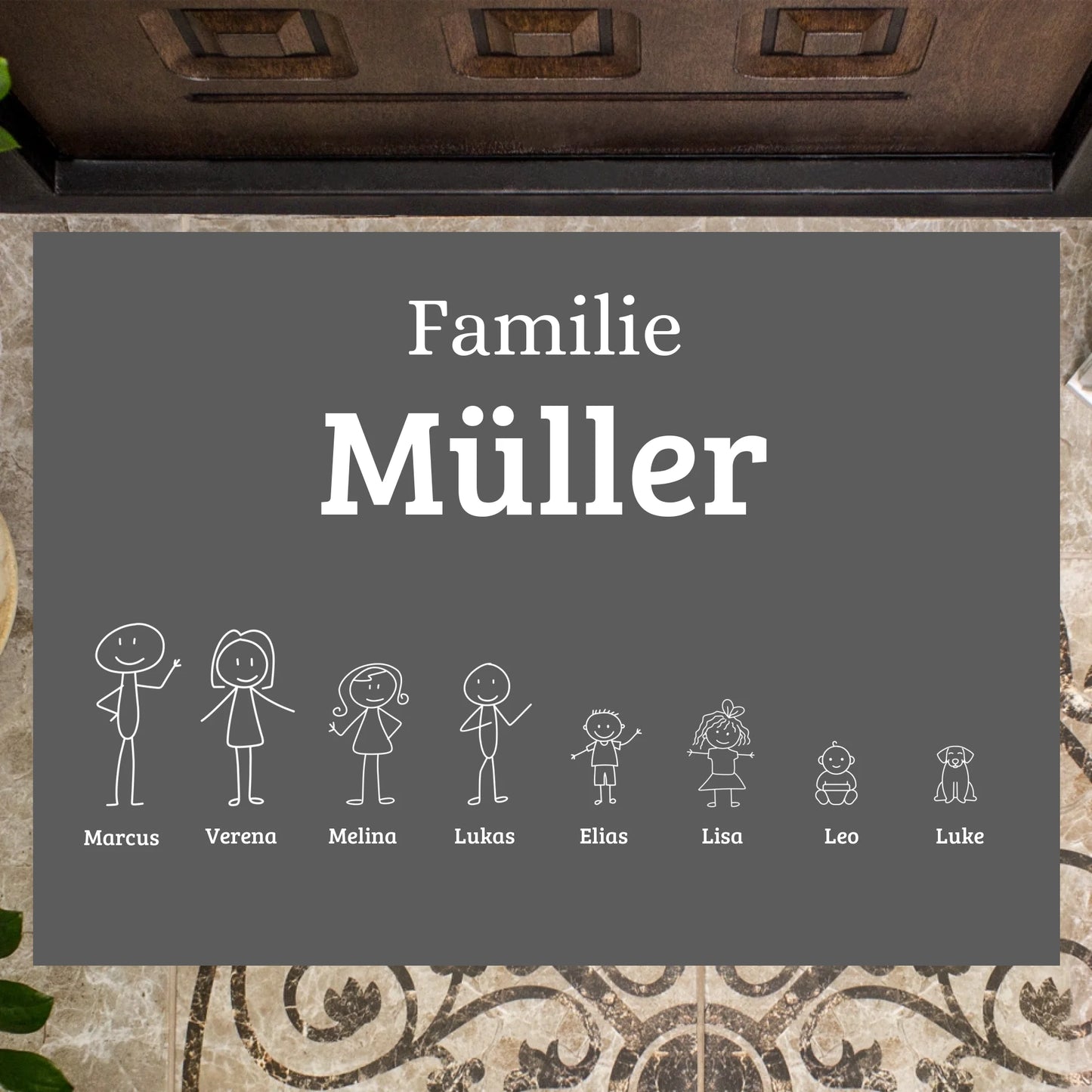 Strichmännchen Familie - Personalisierte Fußmatte mit der ganzen Familie (Kinder, Haustiere)