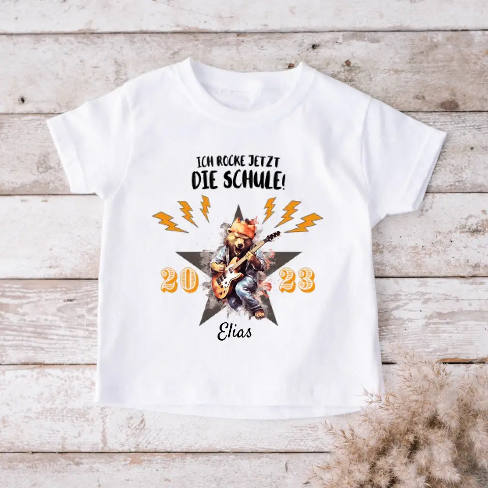 Ich rocke jetzt die Schule! - Personalisiertes T-Shirt für Kinder zur Einschulung (100% Baumwolle)