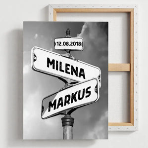 Straßenschild Pärchen Vintage - Personalisiertes Poster oder Leinwand Schwarz-Weiss