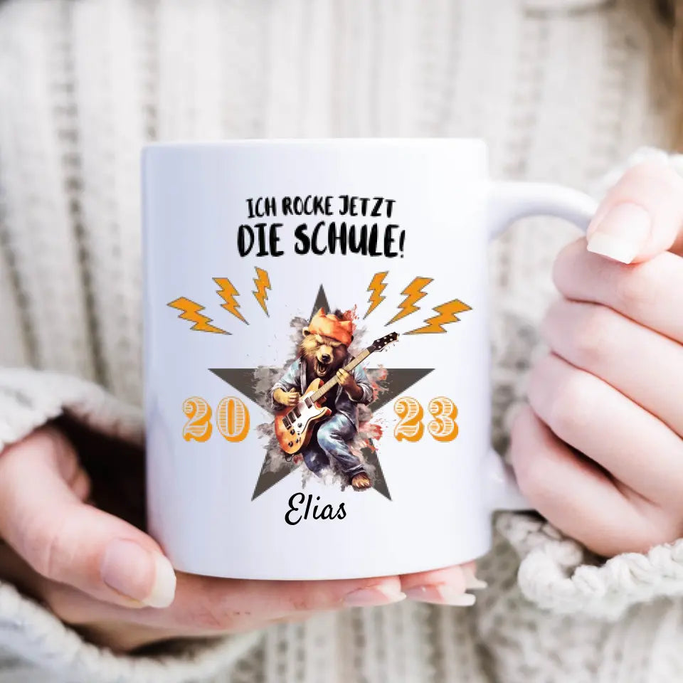 Ich rocke jetzt die Schule! - Personalisierte Tasse für Kinder zur Einschulung (verschiedene Tiermotive)