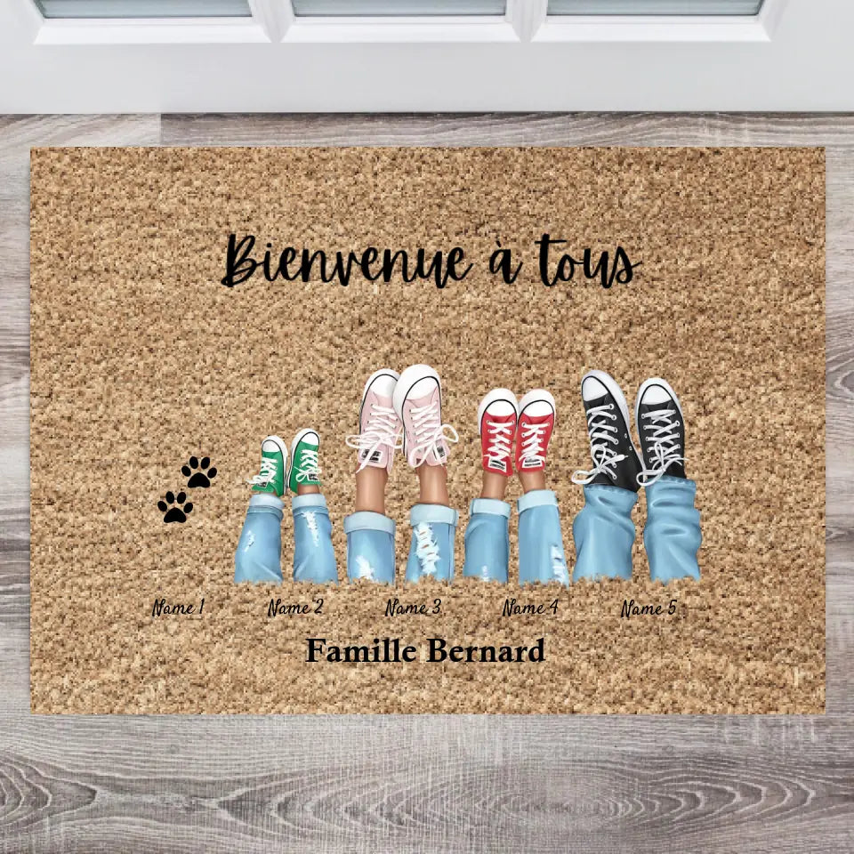 Bienvenue dans notre famille - Paillasson familial personnalisé (2-8 personnes, enfants & animaux)