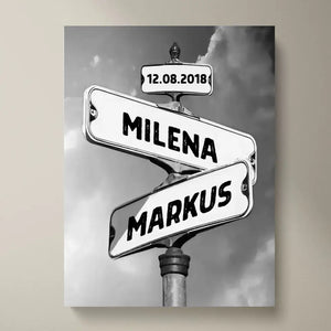 Straßenschild Pärchen Vintage - Personalisiertes Poster oder Leinwand Schwarz-Weiss
