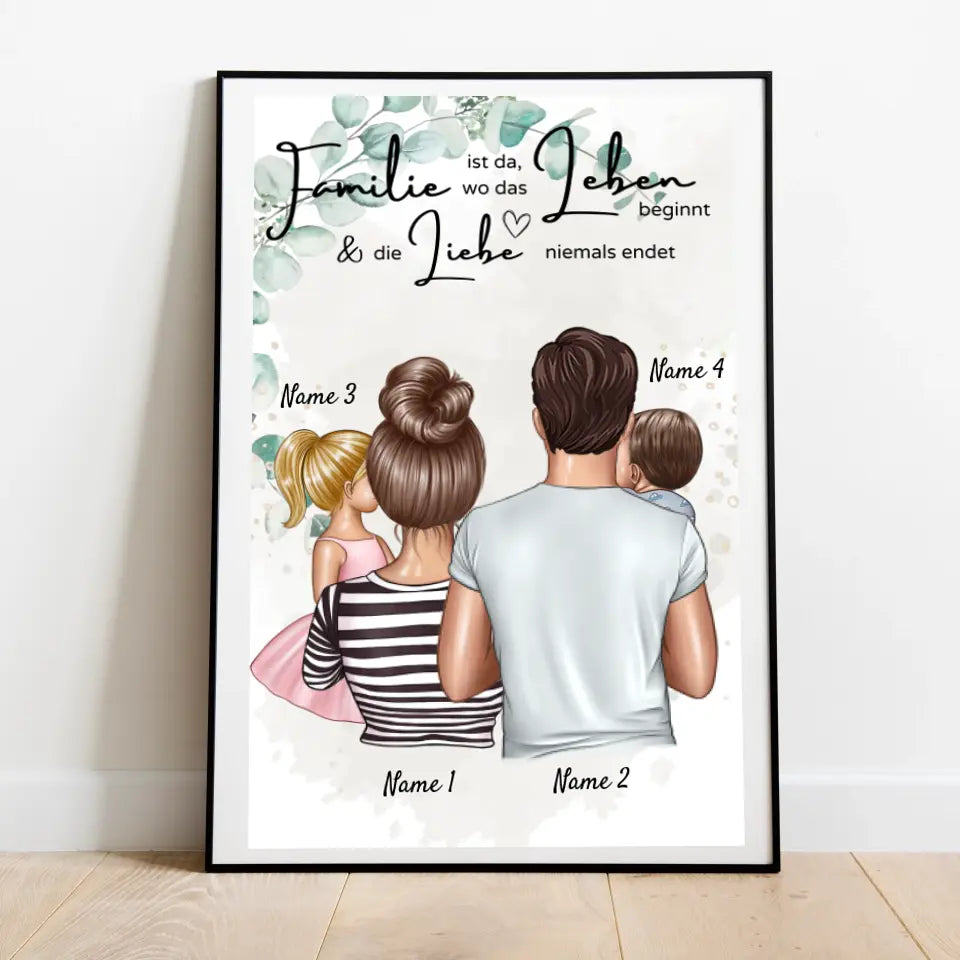 Bei den meisten lächelt nur mein Mund, bei euch lächelt mein HERZ - Personalisiertes Familien Poster (Eltern mit 1-4 Kindern)