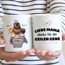 Carica l&#39;immagine nel visualizzatore di Gallery, Liebe Mama, danke für die geilen Gene - Personalisierte Tasse (1-4 Kinder, Muttertag)
