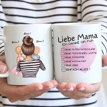 Carica l&#39;immagine nel visualizzatore di Gallery, Liebe Mama, Danke für alles Checkliste - Personalisierte Tasse (1-4 Kinder, Muttertag)

