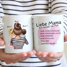 Carica l&#39;immagine nel visualizzatore di Gallery, Liebe Mama, Danke für alles Checkliste - Personalisierte Tasse (1-4 Kinder, Muttertag)
