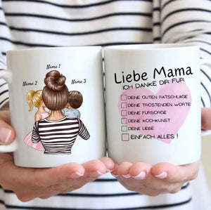 Liebe Mama, Danke für alles Checkliste - Personalisierte Tasse (1-4 Kinder, Muttertag)