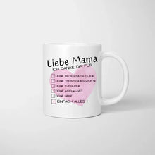 Carica l&#39;immagine nel visualizzatore di Gallery, Liebe Mama, Danke für alles Checkliste - Personalisierte Tasse (1-4 Kinder, Muttertag)
