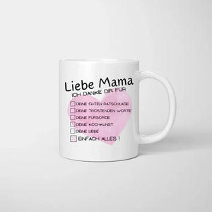 Liebe Mama, Danke für alles Checkliste - Personalisierte Tasse (1-4 Kinder, Muttertag)