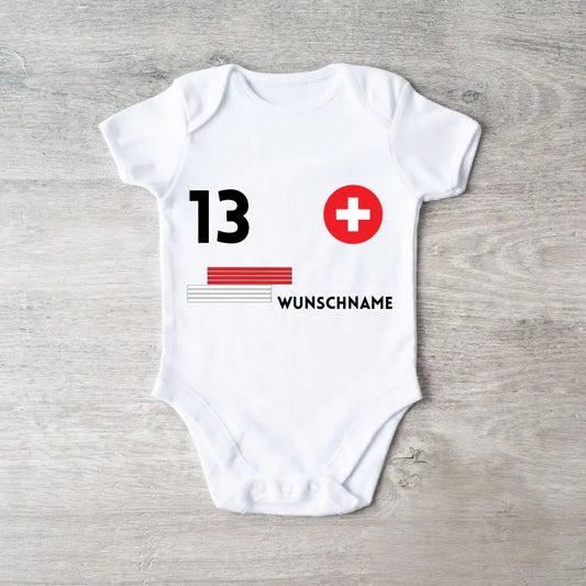 2024 Fussball EM Schweiz - Personalisierter Baby-Onesie/ Strampler, Trikot mit anpassbarem Namen und Trikotnummer, 100% Bio-Baumwolle Baby Body