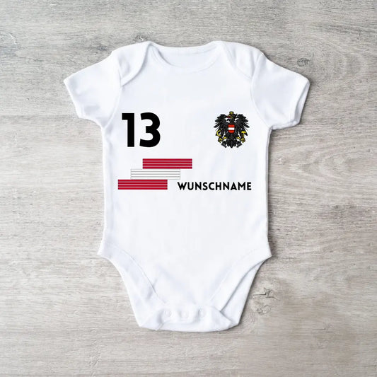 2024 Fussball EM Österreich - Personalisierter Baby-Onesie/ Strampler, Trikot mit anpassbarem Namen und Trikotnummer, 100% Bio-Baumwolle Baby Body