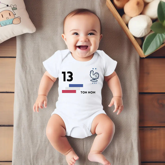 Maillot de foot France - Body bébé personnalisé avec prénom et numéro de maillot personnalisables, 100% coton bio