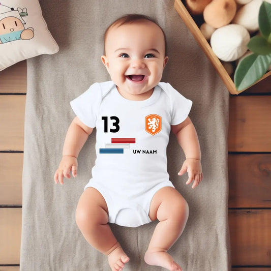 Voetbal Nederland - Gepersonaliseerde baby romper, shirt met aanpasbare naam en rugnummer, 100% biologisch katoenen baby romper