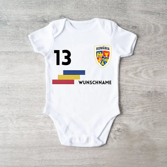 2024 Fussball EM Rumänien - Personalisierter Baby-Onesie/ Strampler, Trikot mit anpassbarem Namen und Trikotnummer, 100% Bio-Baumwolle Baby Body