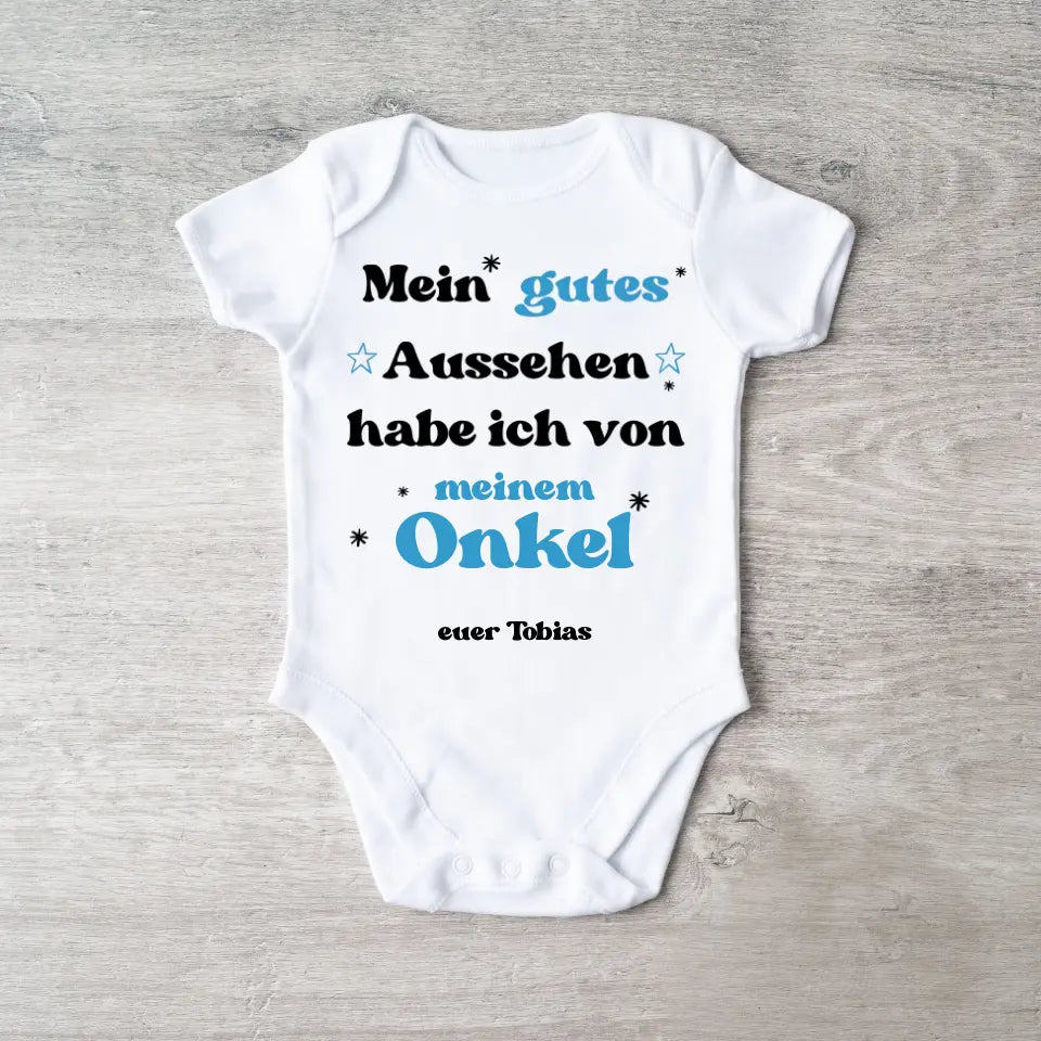 Mein gutes Aussehen von meinem ONKEL - Personalisierter Baby-Onesie/ Strampler, Geburt Onkel, Tante, Oma, Opa, 100% Bio-Baumwolle Body