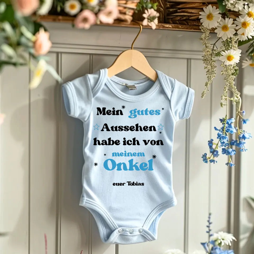 Mein gutes Aussehen von meinem ONKEL - Personalisierter Baby-Onesie/ Strampler, Geburt Onkel, Tante, Oma, Opa, 100% Bio-Baumwolle Body