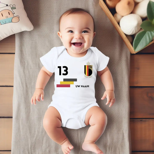 België voetbalshirt - Gepersonaliseerd babyrompertje met naam en rugnummer, 100% biologisch katoen