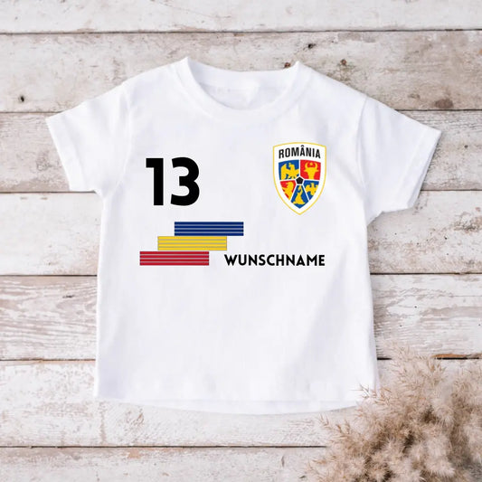 EM Rumänien Kinder-Trikot - Personalisiertes T-Shirt für Kinder, Fußball (100% Baumwolle, individuelle Nummer & Wunschname)