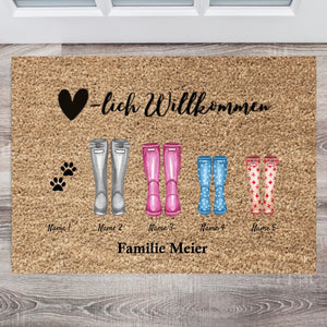 Herzlich Willkommen Gummistiefel - Personalisierte Fußmatte  für innen & aussen (2-8 Personen, Kinder, Babys & Haustiere)