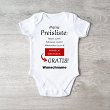 Carica l&#39;immagine nel visualizzatore di Gallery, Baby Preisliste, Windeln wechseln gratis - Personalisierter Baby-Onesie/ Strampler, witziges Weihnachtsgeschenk, 100% Bio-Baumwolle
