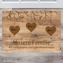 Carica l&#39;immagine nel visualizzatore di Gallery, Unsere Familie, wo Leben beginnt und Liebe niemals endet - Personalisierte Fußmatte (für innen und aussen)
