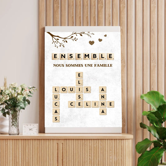 Toile de Scrabble personnalisée avec le nom de toute ta famille - Ensemble, nous sommes une famille