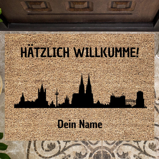 Köln Skyline, Hätzlich Willkumme! - Personalisierte Fussmatte