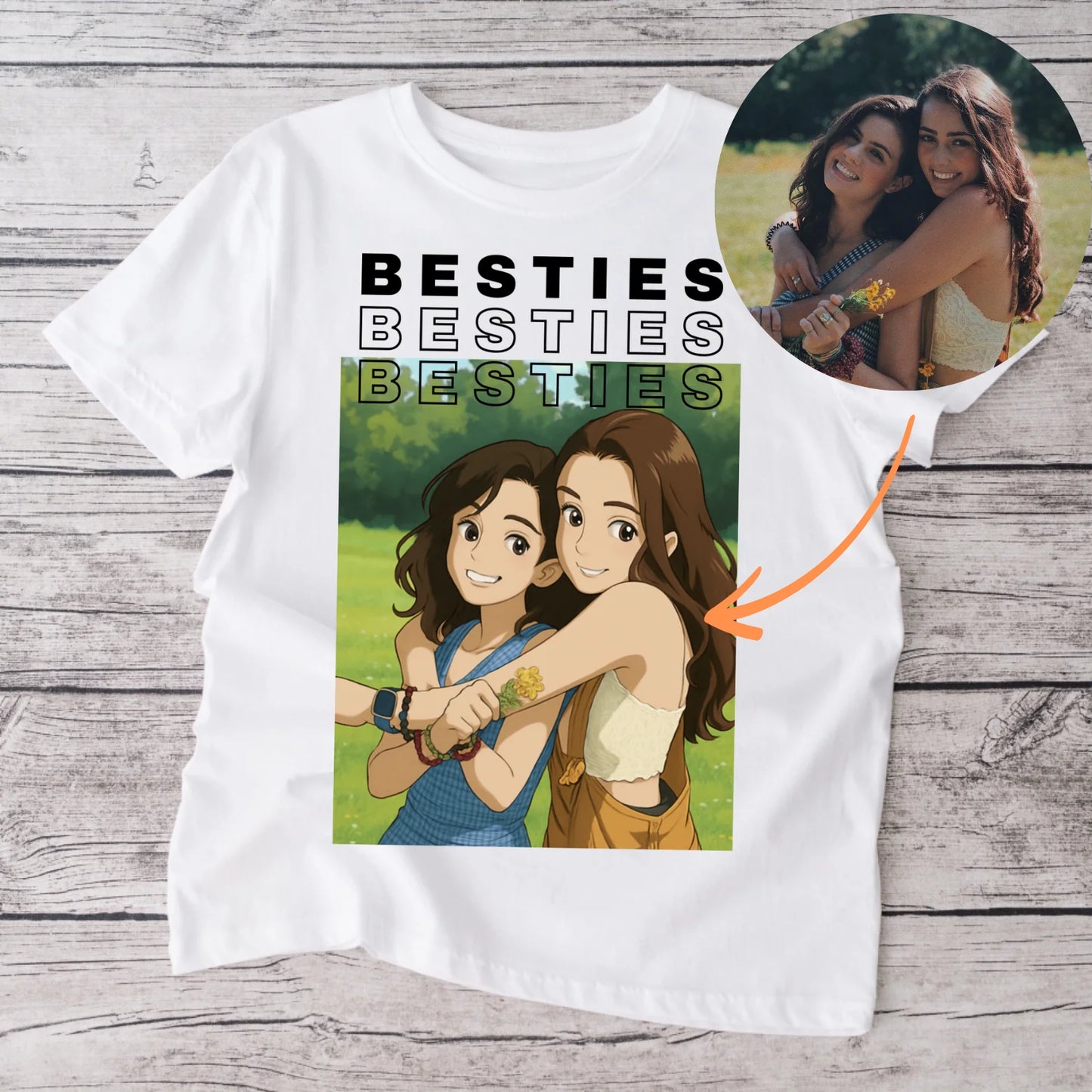 Bild als Comic/ Anime Zeichnung - Personalisiertes Foto T-Shirt Besties (100% Baumwolle, Unisex)