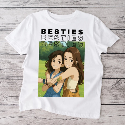 Bild als Comic/ Anime Zeichnung - Personalisiertes Foto T-Shirt Besties (100% Baumwolle, Unisex)