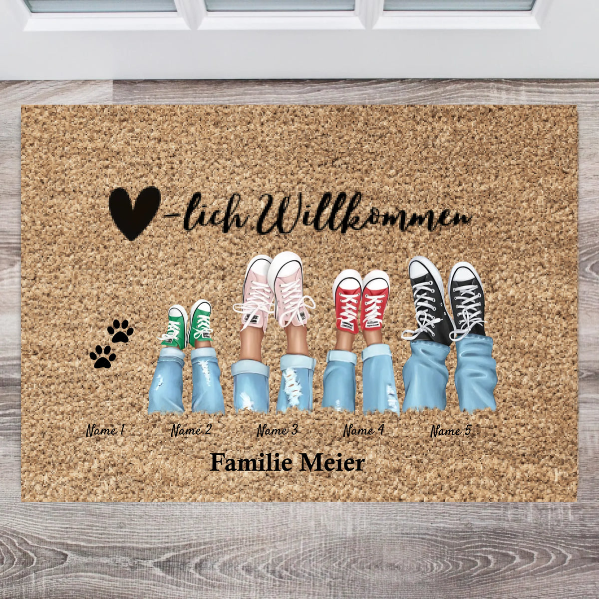 Herzlich Willkommen - Personalisierte Fußmatte  für innen & aussen (2-8 Personen, Kinder & Haustiere) Grau