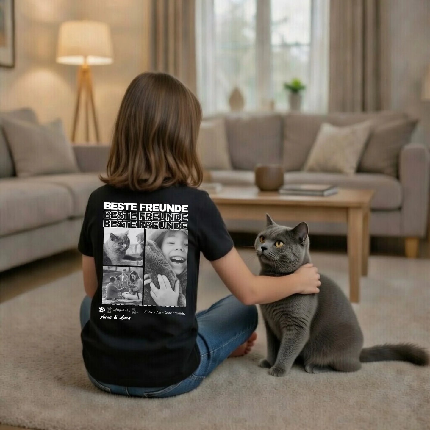 Personalisiertes Kinder T-Shirt Katzenfreund "Beste Freunde" (Schwarz, 100% Baumwolle, Unisex)