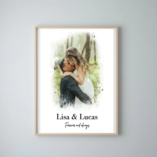 Personalisiertes Pärchen Wasserfarben Foto Poster - Individuelles Poster mit und ohne Rahmen