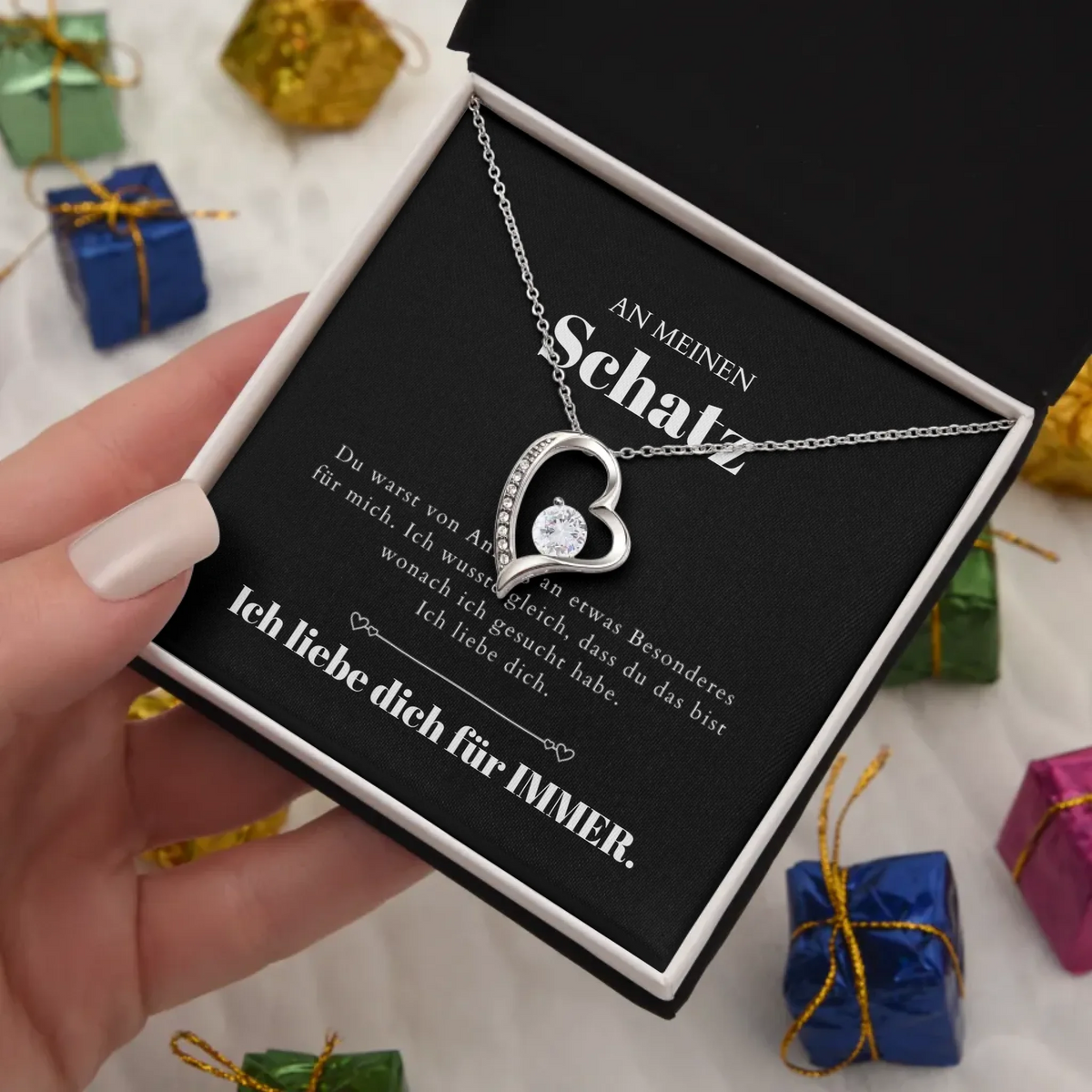 Ich liebe dich - Halskette mit Gold-Herzanhänger & personalisierter Karte (Valentinstagsgeschenk)