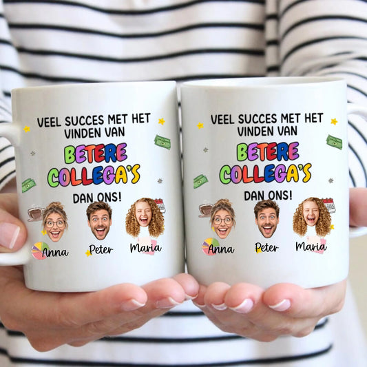 Veel geluk - afscheidsmok voor collega's met uitgesneden gezichten